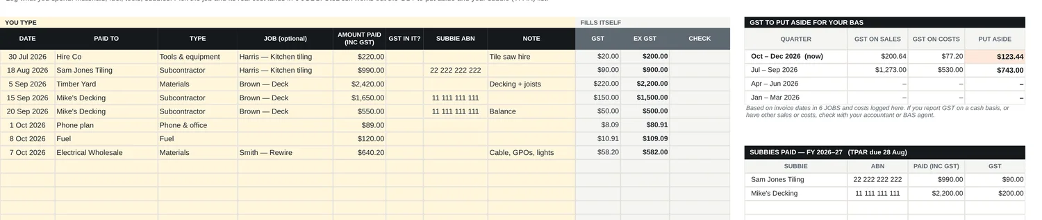 Money tab with costs, GST to put aside of $123.44 this quarter and subbie totals for TPAR
